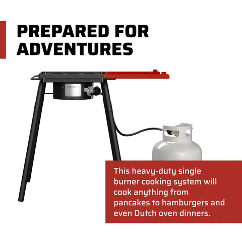 Pro 30 Single Burner Grab-and-Go Outdoor Stove With 30,000 BTU Cast Aluminum Burner shown with hose and propane tank