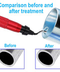 Red-handled deburring tool with swiveling blade removing burr from metal pipe; before/after burr removal insets.