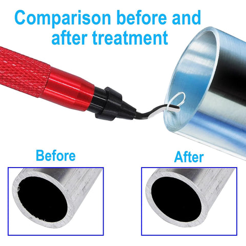 Red-handled deburring tool with swiveling blade removing burr from metal pipe; before/after burr removal insets.