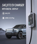 Portable EV Charger With SAE J1772 Connector, 25-Foot Cable, 9.6kW Output shown with digital display next to an electric vehicle.