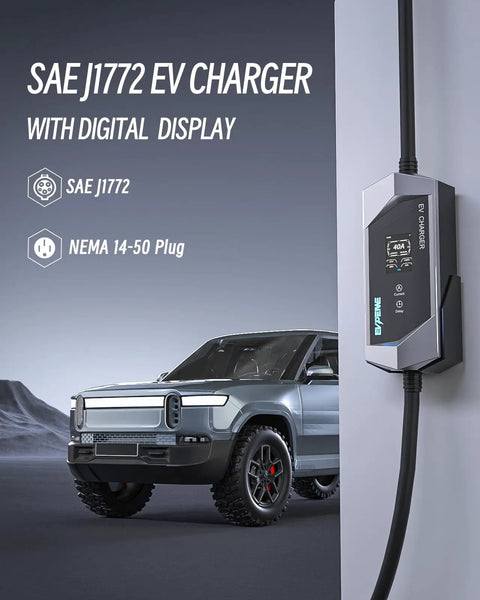Portable EV Charger With SAE J1772 Connector, 25-Foot Cable, 9.6kW Output shown with digital display next to an electric vehicle.