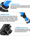 Close-up of Pneumatic 1/4 Inch Tube OD Five Way Push Lock Union Cross Fittings featuring rotation and locking spring details.