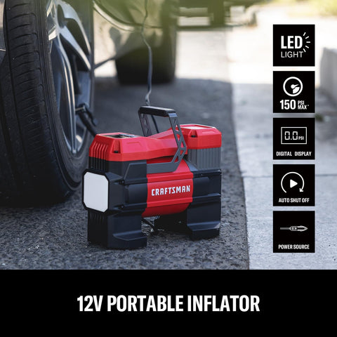 12V Tire Inflator Portable Air Compressor With Digital Gauge Auto Shut Off LED Light shown inflating a car tire