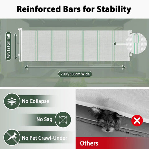 Heavy Duty Retractable Baby Gate And Dog Barrier With Slick Glide Action Covers Hella Wide Openings For Garages Driveways Living Rooms Provides No Fuss Everyday Safety In White, showing 200" wide by 48" tall mesh design.