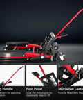 Beefy Hydraulic Motorcycle Lift Jack With 1500 Lb Capacity, red, with foot pedal and casters for dirt bikes and ATVs.