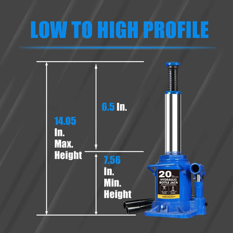 Beefy 20 Ton Bottle Jack Heavy Duty Hydraulic Car Jack For Auto, Truck And Home Lift, Adjustable 7.56 To 14.05 Inch Height, Leak Free Design, Sturdy Steel Build, 25.35 Lbs, Blue