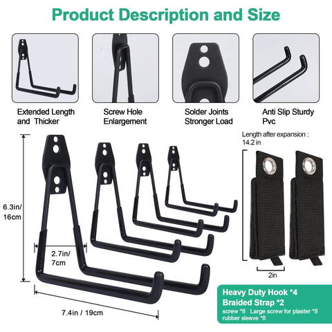 Diagram of Heavy Duty Garage Wall Hooks Set With 2 Cord Straps 4 Steel Hangers dimensions and features like PVC coating.