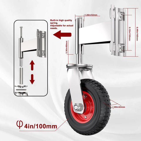 Spring Loaded Gate Caster Wheels Four Inch Rubber Tire Heavy Duty With Hardware For Tube Gates shown with dimensions and spring mechanism.
