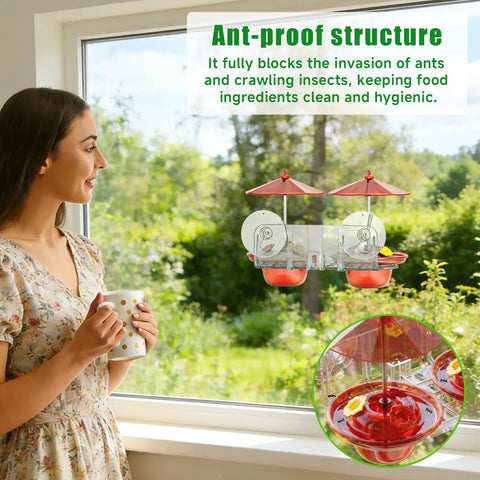 Window Mounted Hummingbird Feeder With Strong Suction Cups Bee Proof Ports Ant Moat And Dual Sun Shades Two Point Six Ounces Capacity Easy To Fill And Clean For Close Up Bird Watching shown installed on window.