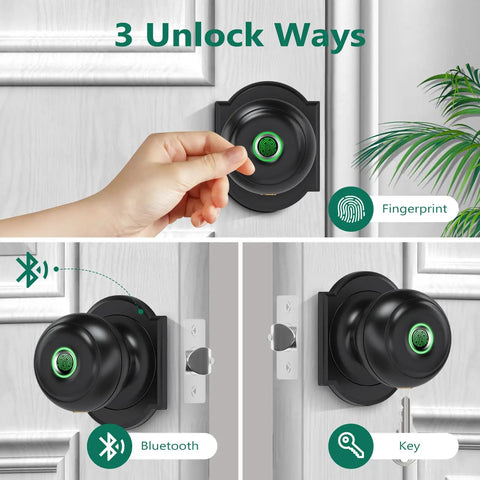 Keyless Entry Fingerprint Door Lock With App Control, Biometric Smart Door Knob showing fingerprint and Bluetooth access options