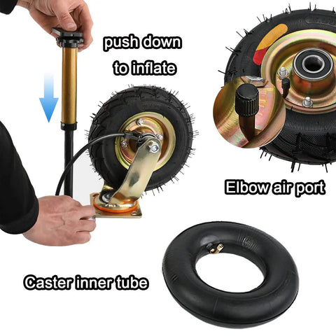 Heavy Duty Industrial Casters, Four Piece Replacement Kit, smooth rolling pneumatic rubber wheels with inflation mechanism.