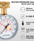 Water pressure test gauge, front view; 2.5-inch dial, 0–200 psi, black steel case, 3/4-inch GHT, red max pointer.
