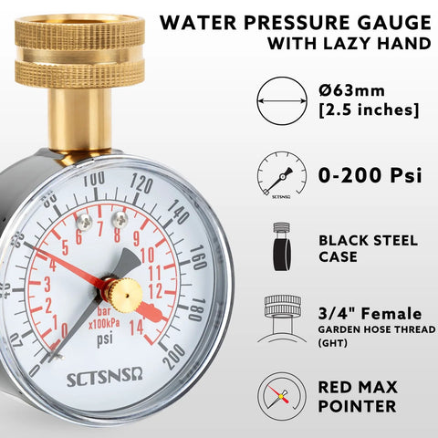 Water pressure test gauge, front view; 2.5-inch dial, 0–200 psi, black steel case, 3/4-inch GHT, red max pointer.