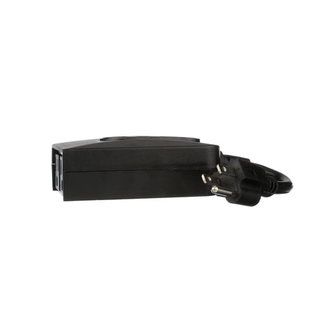 Built Tough Weatherproof Digital Plug In Timer With Two Grounded Outlet Spots For Scheduling Yard Lights And Pool Gear That Cracks Savings Wide Open While Delivering Dumb Easy Setup And Zero Headaches side view plug-in timer with black cord and dual outlets.