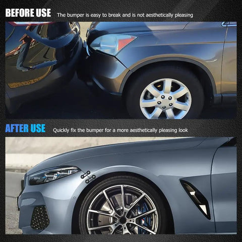 Comparison of car bumpers before and after using Universal Car Bumper Quick Release Clips Kit With Washers And Screws.