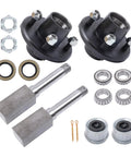 Front view of a two-hub trailer bearing kit: black 4-on-4 hubs, 1in square BT8 spindles, bearings and seals.