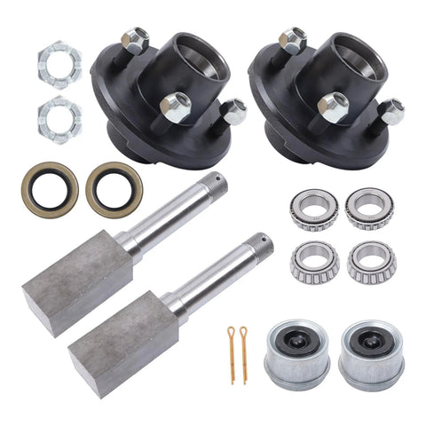 Front view of a two-hub trailer bearing kit: black 4-on-4 hubs, 1in square BT8 spindles, bearings and seals.