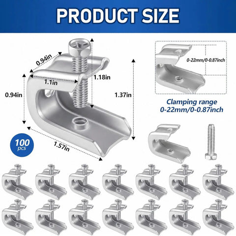 Built Tough Heavy Duty Steel Beam Clamps 100 Pack Zinc Plated C Clip Fasteners with size and clamping range details.
