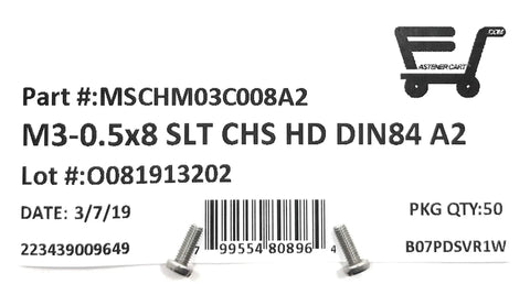 Top Shelf M3 X 8 Millimeter Slotted Cheese Head Machine Screws crafted from solid A2 304 stainless steel on packaging.