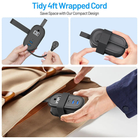 Ultra Portable Travel Power Strip With USB Ports And 4ft Extension Cord, 2 Outlets And 3 USB Ports, compact design shown in bag