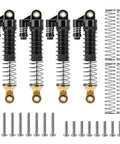 Set of Beefed Up Brass And Aluminum 59mm Long Threaded Oil Shock For TRX4M RC Car Upgrade, shown with screws and springs.