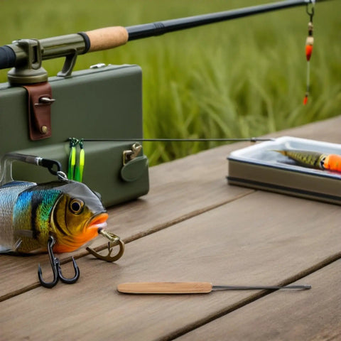 Worm Baiting Needle Threader Tool With Wood Handle And Stainless Steel Tip For Quick, Hygienic Worm Threading In Freshwater Fishing, Sandworm Rigging Accessory That Resists Corrosion For Outdoor Angling on table