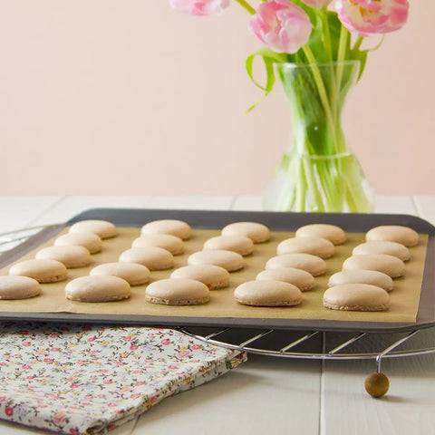 Heavy Duty PTFE Dehydrator Sheets 14 Inch Nonstick Baking Mats And Oven Liners For BBQ Hot Plate Reusable Heat Resistant Food Safe on tray with macarons.
