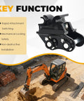 Image of a Mini Excavator Quick Change Hitch Coupler with 25mm pin, steel frame, designed for 0.8 to 2 ton machines, attached to excavator.