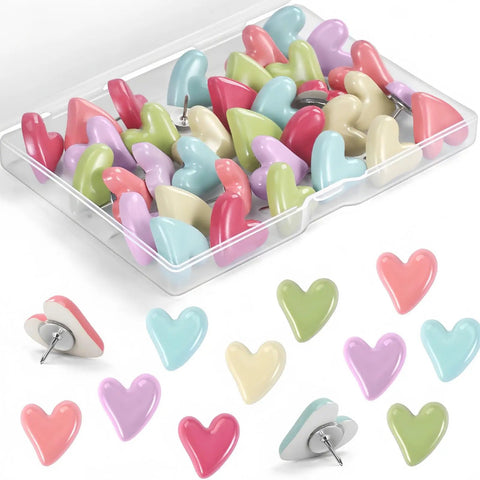 Thirty Piece Pack Of Rustproof Metal Veneered Heart Shaped Push Screws For Gallery Walls Decorative Picture Partitions in assorted colors.