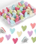 Lowkey Gorgeous Heart Shaped Push Screws Metal Wall Brads Rustproof Decorative Fasteners 30 Pack colorful heart-shaped fasteners in a clear container.