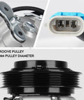 Top Shelf Solid And Fresh AC Air Compressor With Clutch For Chevy Equinox Gmc Terrain 2010 2011 close-up of 5-groove pulley and connector.