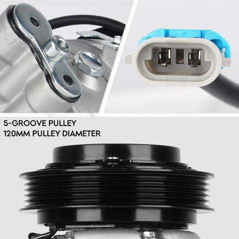 Top Shelf Solid And Fresh AC Air Compressor With Clutch For Chevy Equinox Gmc Terrain 2010 2011 close-up of 5-groove pulley and connector.