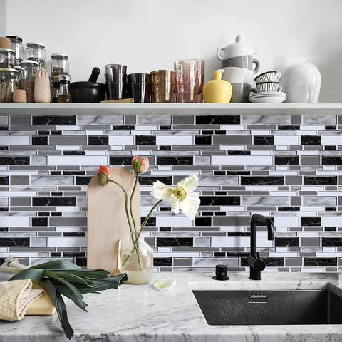 Kitchen sink area with Peel And Stick Backsplash Wallpaper For Kitchen With 3D Look Tile Contact Paper Waterproof.