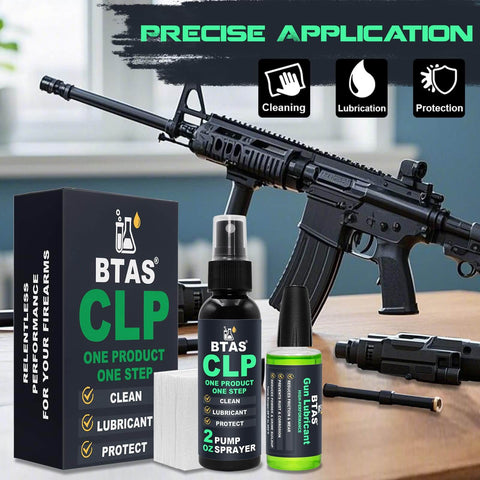All-In-One Gun Cleaner And Lubricant Kit With CLP Solvent Spray, 2oz And 1oz Needle Oiler Bottles, gun cleaning tools on table