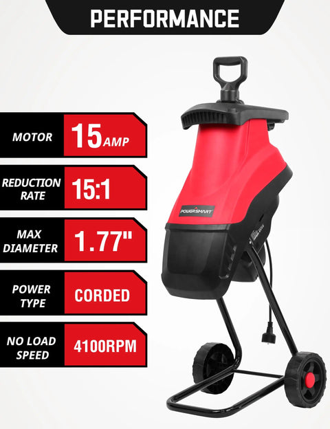Electric Wood Chipper Shredder For Home Yard Cleanup With A 15 Amp Motor and 45 Liter Collection Bag, showcasing features.