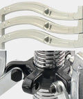 Heavy Duty Hydraulic Bearing Puller Kit Handles Hubs Gears Pulleys From Shafts Using 2 Or 3 Jaw Options For Max Grip While Doing Vertical And Horizontal Jobs Comes With Storage Case Making Job Easier For You Pro Mechanic Working Today Right Now. three-jaw steel puller jaws gripping a shaft hub