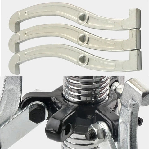 Heavy Duty Hydraulic Bearing Puller Kit Handles Hubs Gears Pulleys From Shafts Using 2 Or 3 Jaw Options For Max Grip While Doing Vertical And Horizontal Jobs Comes With Storage Case Making Job Easier For You Pro Mechanic Working Today Right Now. three-jaw steel puller jaws gripping a shaft hub