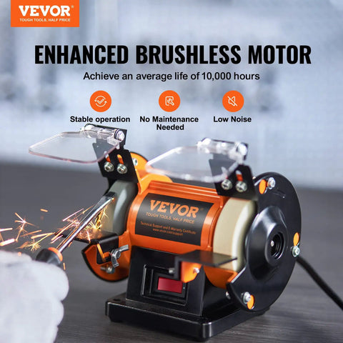 Bench Top Buffer Polisher And Grinder For Metal Jewelry Wood Jade Plastic And Silver DIY Projects With 3590 RPM Pro Grade Three Polishing Wheels Wool Wheel And Abrasive Fiber Wheel Brushless Motor For Low Noise And Maintenance Free Performance showing sparks in use.