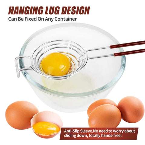 Egg Separator Spiral Tool For Yolk And White Kitchen Hack Stainless Steel Dishwasher Safe Extra Long Handle in use over bowl