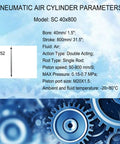 Chart detailing Air Pneumatic Cylinder Workhorse specs, including 40mm bore, 800mm stroke, and M12 port for industrial automation.
