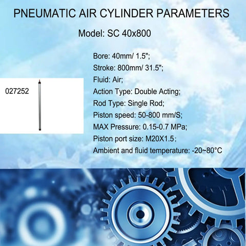 Chart detailing Air Pneumatic Cylinder Workhorse specs, including 40mm bore, 800mm stroke, and M12 port for industrial automation.