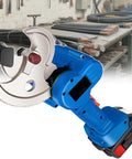 Beast Cordless Hydraulic Cable Cutter With Dual 21V Battery in workshop with steel and cable bundles
