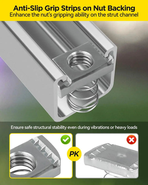 Premium Industrial Grade Snap In Spring Strut Channel Nut And Bolt Kit 1/2 Inch Diameter With Bold 3/4 Inch Hex Head Precision Machined Threads For Lightning Fast HVAC Ductwork Mounting And Rugged Metal Framing Projects Done Right