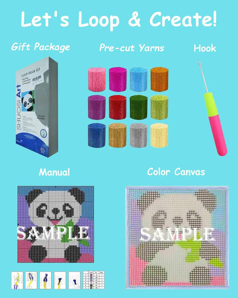 Beginner Friendly Latch Hook Rug Kit For Adults, 12 Inch Small And Large Kits With Animal And Flower Patterns contents and instructions.