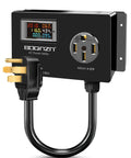 Heavy Duty 50A AC Power Meter With Nema 14 50P To 14 50R Outlet Monitor showing digital readout and plug design.
