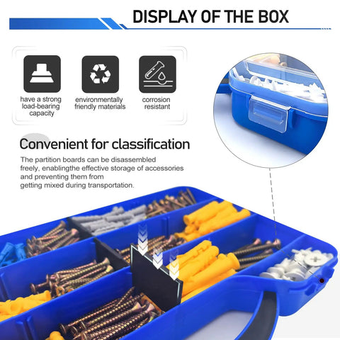 550 Piece Drywall Screws And Anchors Kit With Eight Size Options for Beefy Home Repairs and Picture Hanging, organized in box