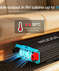 3000W Pure Sine Wave Power Inverter in RV cabin; operates up to 50°C, no overheating, 12V DC to 110V 120V AC, 6000W peak.