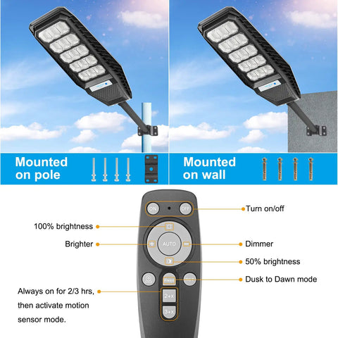 Two Pack 300W Solar Street Light Set With Motion Sensor Dusk To Dawn 15000LM mounted on pole and wall, remote control visible.
