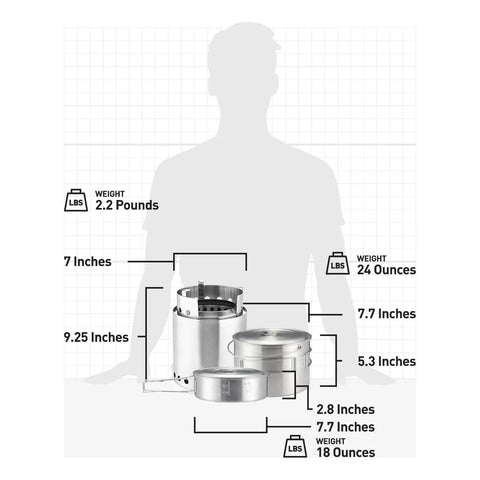Campfire 2 Pot Wood Burning Camping Stove Set For 4 Plus People dimensions and weights diagram.