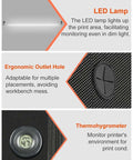 LED lamp, outlet hole, and thermohygrometer details for Tough As Nails 3D Printer Enclosure With LED Light For A1 And A1 Mini Fireproof Waterproof Dustproof Tent Noise Reduction Constant Temperature Shield 560x600x680MM Keeps Prints Precise And Warp Free.